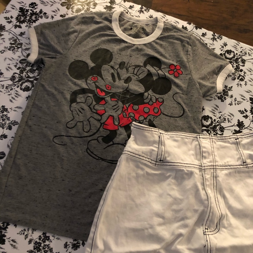 Mickey Tshirt with white mini skirt. Size medium